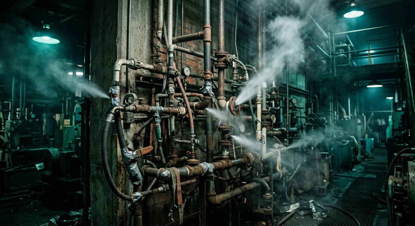 雜亂的壓縮空氣管路多處漏氣